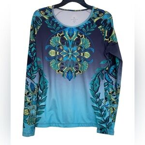 Athleta Runaway Paisley Activewear Teal Blue & Green LS Top Sz M